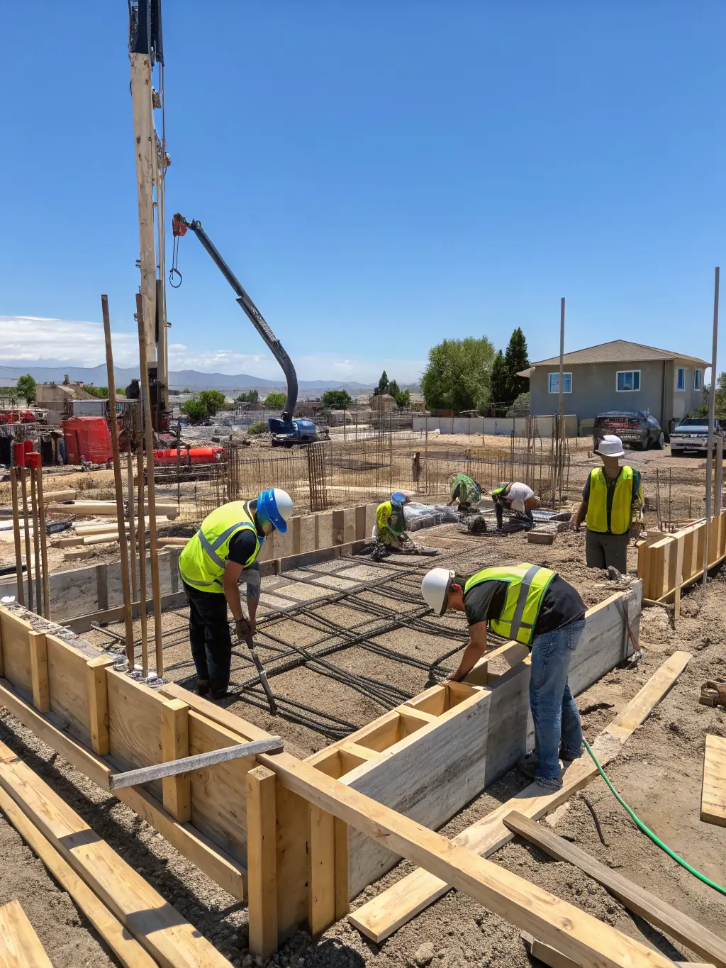 A modern, two-story custom home under construction, with scaffolding, workers in safety gear, and high-quality materials visible, representing residential construction expertise for FacadeStory.com.