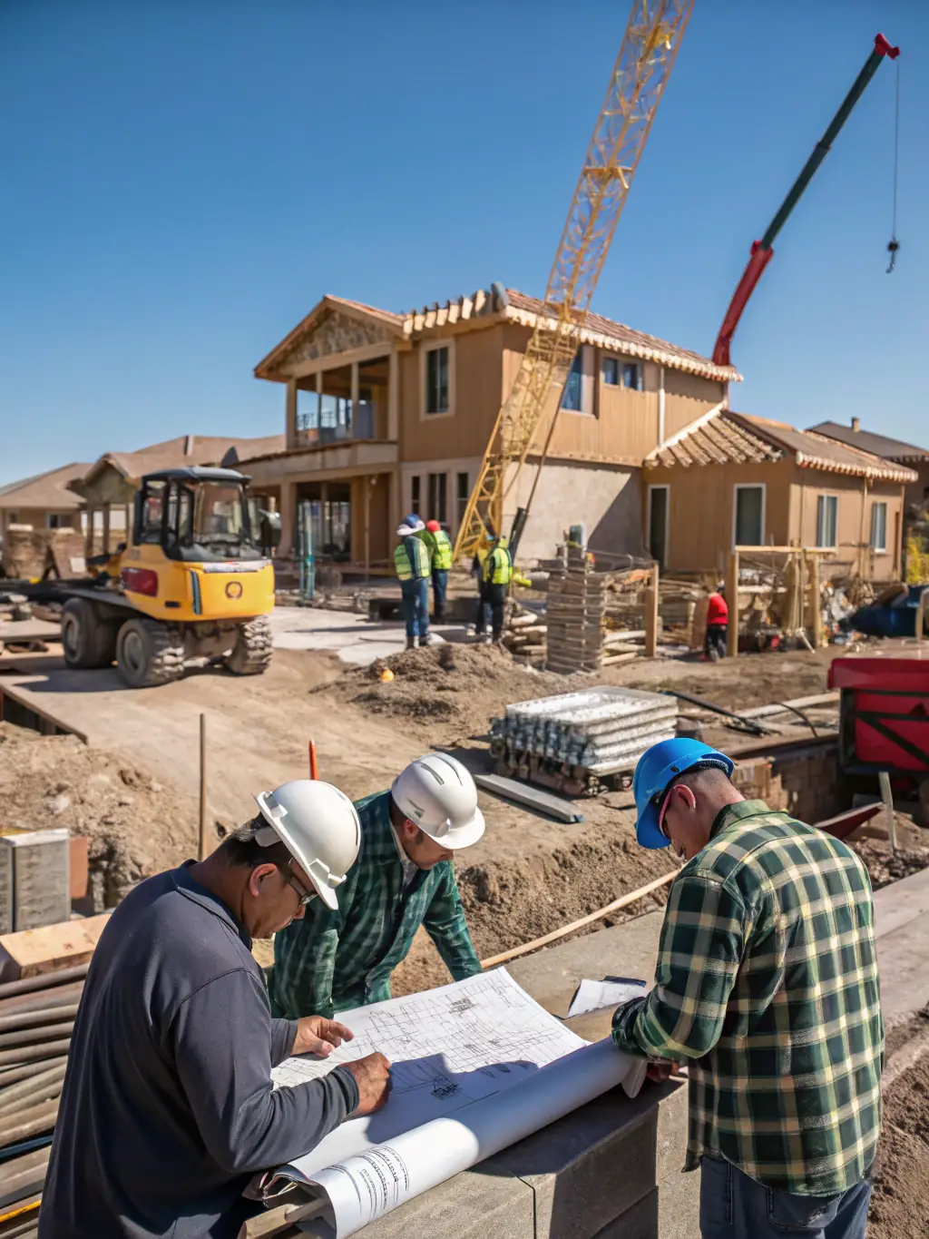 A skilled construction team at work on-site, wearing safety gear and collaborating on blueprints, symbolizing FacadeStory.com's craftsmanship and teamwork.