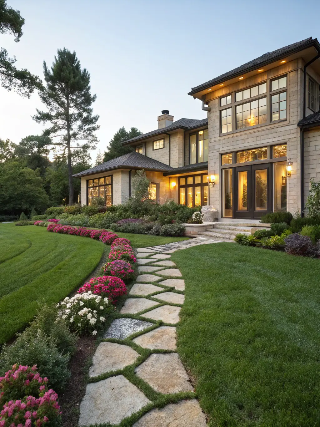 A modern, beautifully finished residential home with a sleek, contemporary facade, large windows, and landscaped surroundings, representing FacadeStory.com's custom home construction expertise.