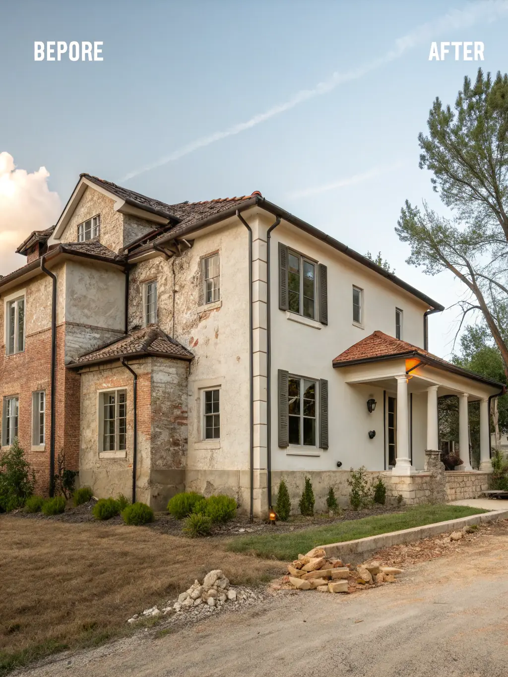 A before-and-after image of a building facade transformation, highlighting the dramatic improvement with modern architectural elements and materials.