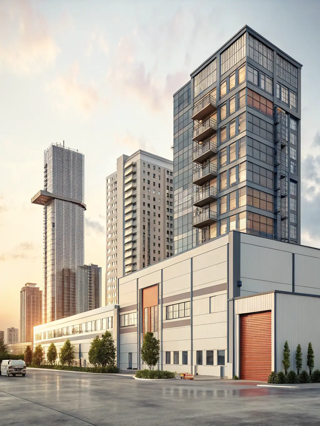 A close-up of a contemporary building facade with innovative cladding, geometric patterns, and integrated lighting, emphasizing facade design expertise for FacadeStory.com.